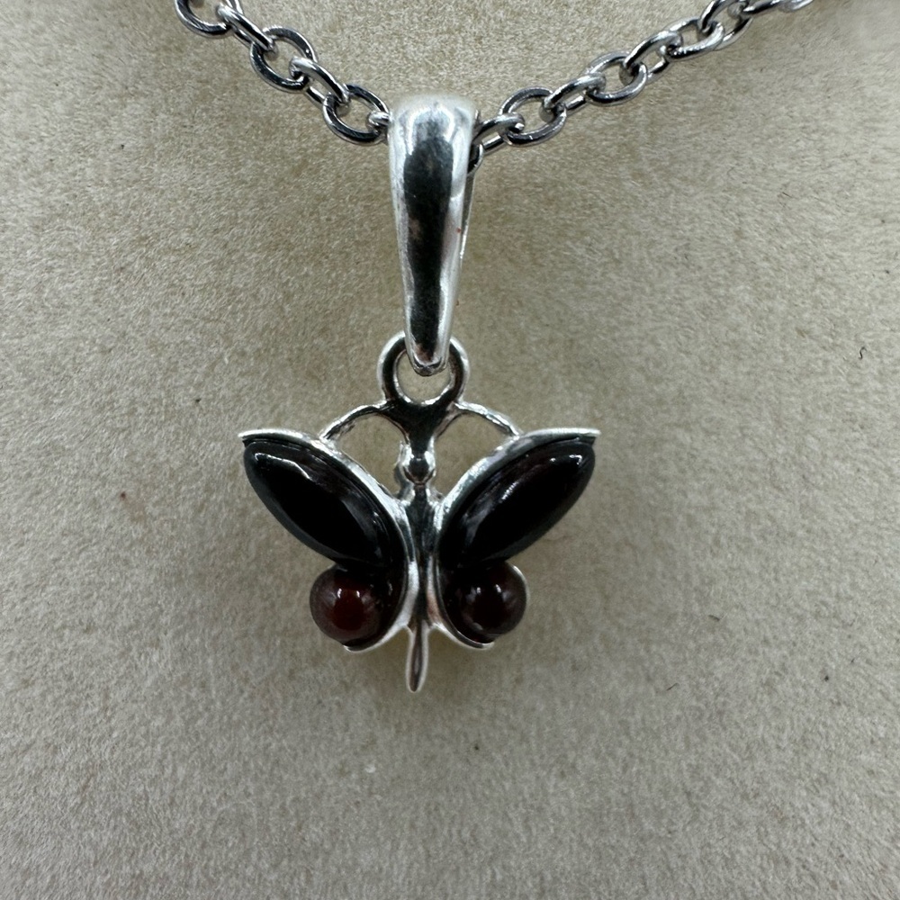 Elegant & Simple Cherry Amber Silver Butterfly Pendant on Stainless Steel Chain